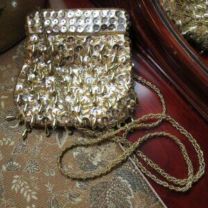 Vintage Crossbody Gold Beaded and Sequin Evening Purse